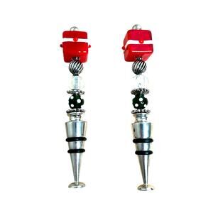 Set of Two Holiday Red and Green Lampwork Glass Wine Bottle Stoppers